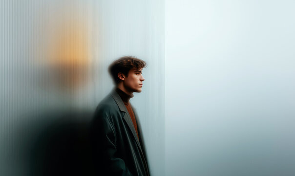 Artistic Side Profile Portrait of Young Man Against White Wall With Abstract Light Reflections and Orange Glow in Dreamy Atmosphere