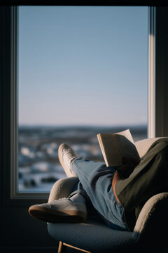 Person Relaxing in Armchair Reading Book by Large Window With City View at Dusk in Cozy Peaceful Home Interior