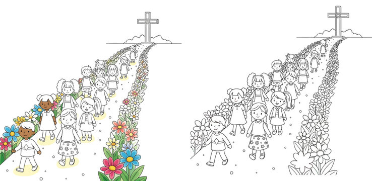 Christian coloring page vector of children walking on a flower path towards a holy cross; religious education illustration for Sunday school or church activities