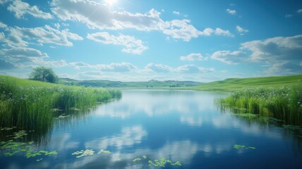 Fototapeta premium Peaceful Summer Landscape with Lake Reflection landscape lake reflection summer peaceful water sky