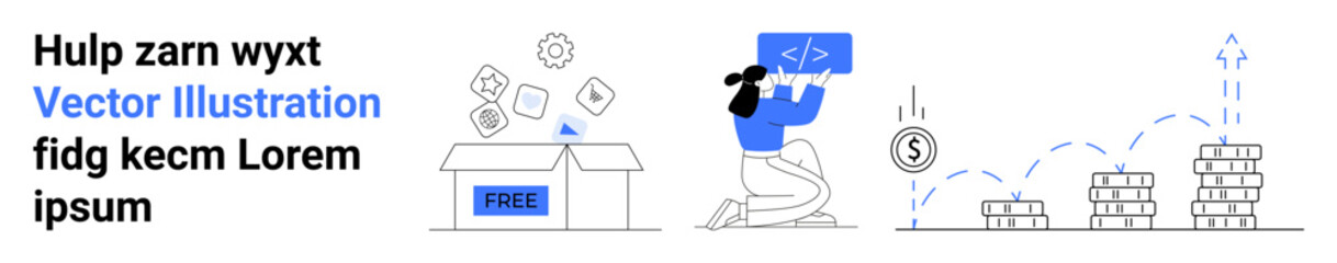 Education, technology development, finance, coding, free resources, creativity. Open box with free resources, a woman coding and growing stacks of coins. Coding and technology development concept