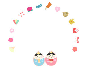 ひなまつりのラウンド型のフレーム背景　お雛様・お内裏様・ひな飾り