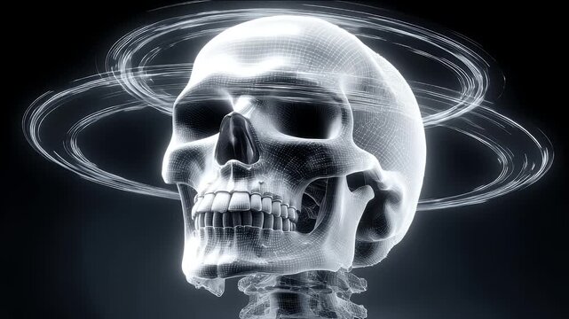Futuristic wireframe human skull with digital swirling effects