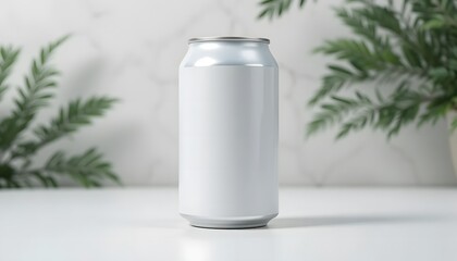 Obraz premium Blank white aluminum beverage can mockup on a clean surface with subtle green plants. 12 oz can mockup