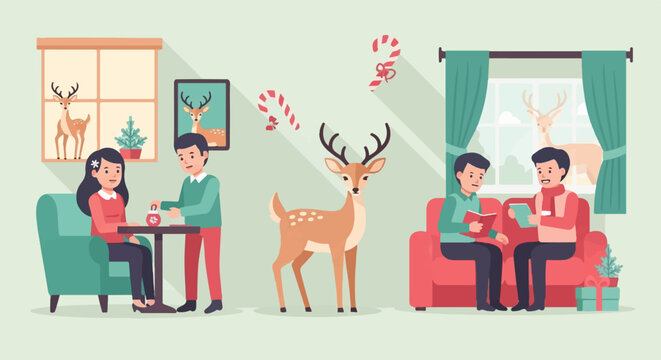 Cozy winter scene with people and deer indoors, festive decorations present