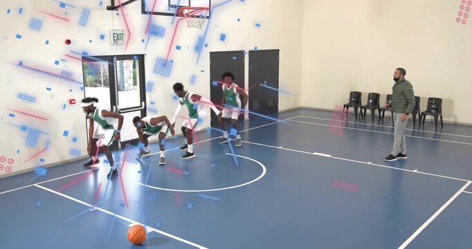 Coach clapping 4 players shuffling to sprinting in drill to highlight footwork with redblue overlay