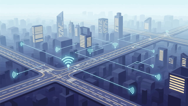 Futuristic city with connected roads and glowing wifi signals