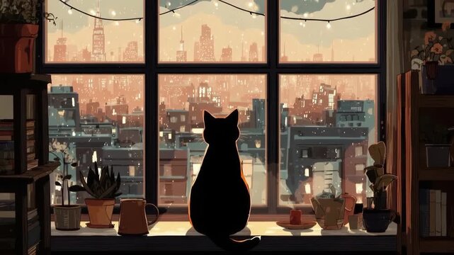 cat sitting by caf&eacute; window looking at city lights, warm cozy illustration