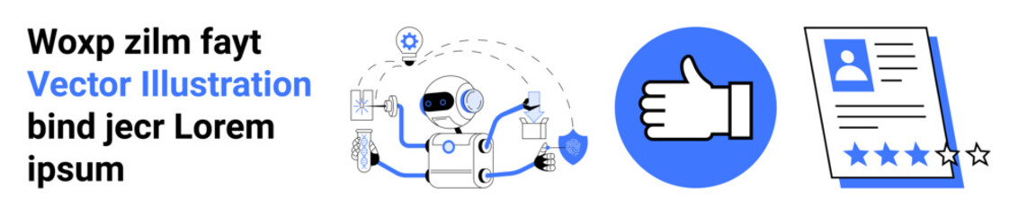 Obraz premium Artificial intelligence, digital security, customer reviews, profile identification, automated processes, user experience. Robot with shield, thumbs-up icon profile document. AI technology