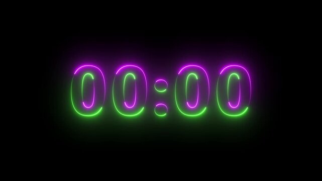 Glowing neon 5 seconds countdown timer animation from 5 to 0 seconds. 5 seconds stopwatch, analog neon clock icon animation on black background. digital neon led light game timer animation.