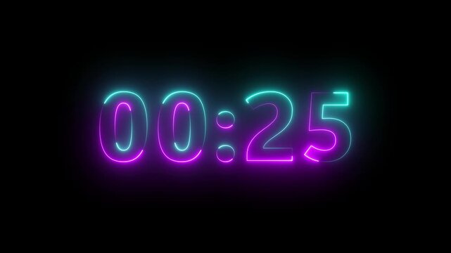 Glowing neon 30 seconds countdown timer animation from 30 to 0 seconds. 30 seconds stopwatch, analog neon clock icon animation on black background. digital neon led light game timer animation.