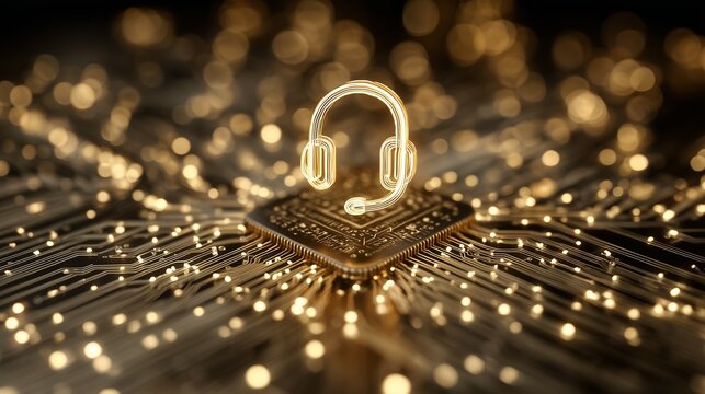 Golden headset on a glittering circuit pad symbolizing campaign management, marketing automation, data-driven communication and customer engagement.