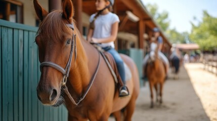 Obraz premium Horses in Stable with Riders Preparing for Ride in Outdoor Equestrian Setting
