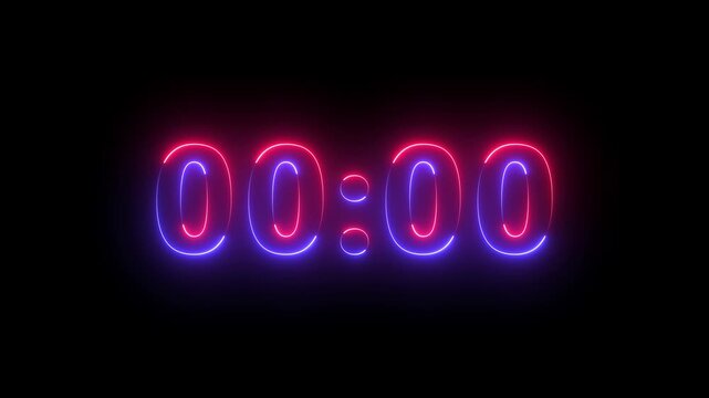 Glowing neon 5 seconds countdown timer animation from 5 to 0 seconds. 5 seconds stopwatch, analog neon clock icon animation on black background. digital neon led light game timer animation.