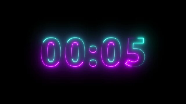 Glowing neon 10 seconds countdown timer animation from 10 to 0 seconds. 10 seconds stopwatch, analog neon clock icon animation on black background. digital neon led light game timer animation.