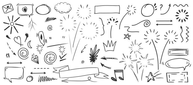 Hand drawn doodle elements set featuring speech bubbles, arrows, lines, clouds and decorative sketch symbols for education, notes, presentations and creative design use.