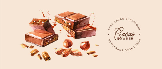 Watercolor hand drawn sketch cocoa chocolate product background. Vector illustration of natural healthy food. Packaging design of cacao powder