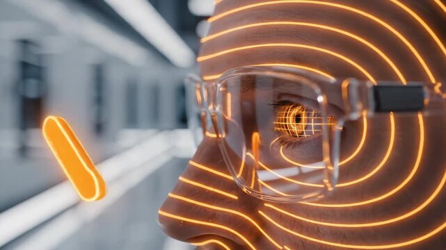 Male figure with illuminated facial patterns and glasses stands in a futuristic corridor, showcasing advanced technology and visual verification in a sleek, modern environment