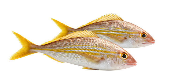 Two Yellowtail Snapper Fish Close-up of two fresh yellowtail snapper fish with vibrant yellow tails and fins. These fish are a culinary delight, perfect for various cooking methods.