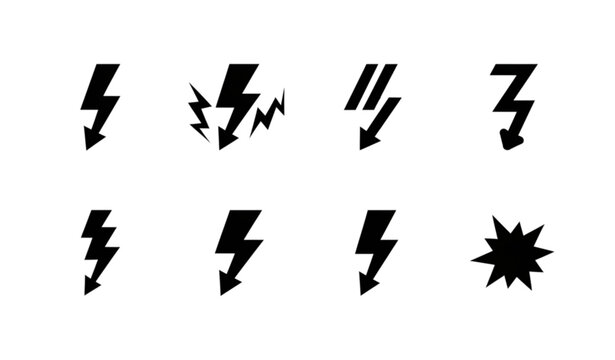 Lightning Bolt Flat Silhouette Icon Set Vector Thunder Symbols