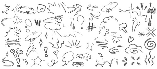 Naklejka premium Hand drawn doodle symbols and sketch marks featuring lightning, stars, swirls and expressive elements for annotation, social media, presentations and creative design.