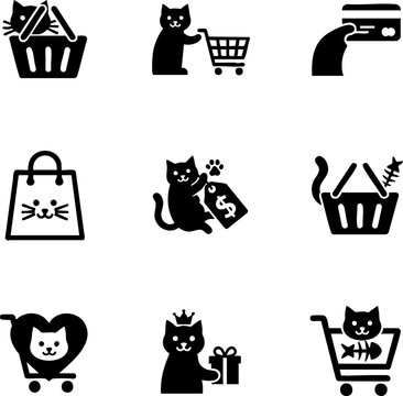 E-commerce and Online Shopping Icon Set with Creative Cat Themes - Retail and Sales Concepts.