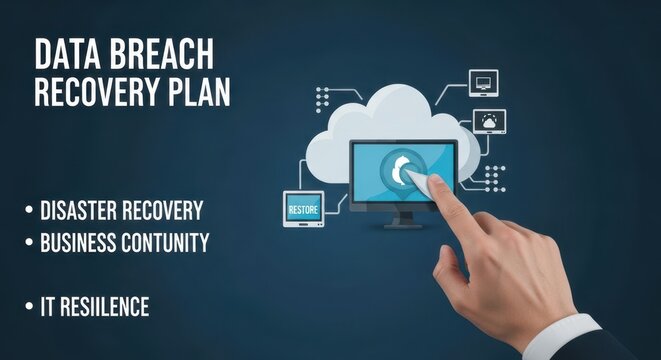 Data breach recovery plan with a hand initiating a system restore from a secure backup cloud icon, for disaster recovery, business continuity, and IT resilience.