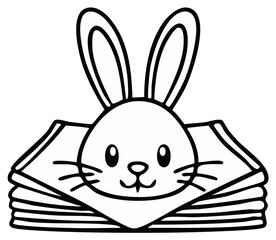 Obraz premium Cute Bunny Holding Stack of Paper Sheets, Black and White Drawing