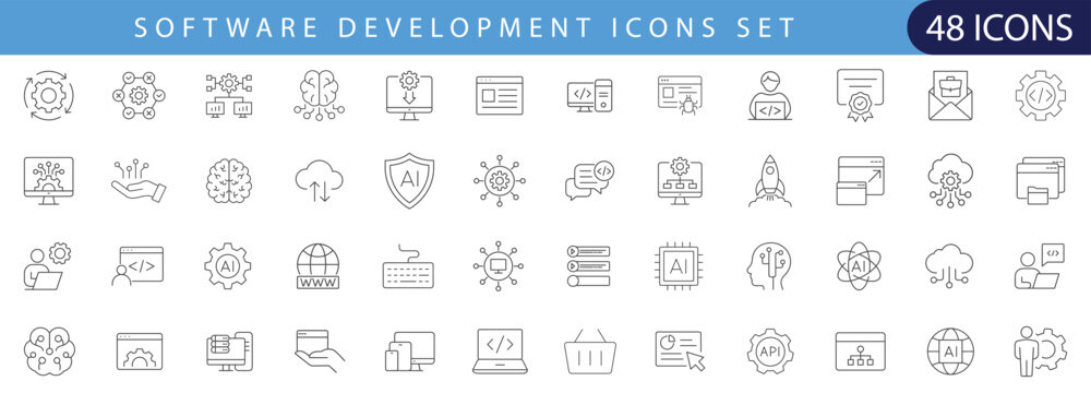 Editable line icon set for software development, coding, programming, web and app technology. Perfect for UI, UX, websites, dashboards, presentations and mobile apps.