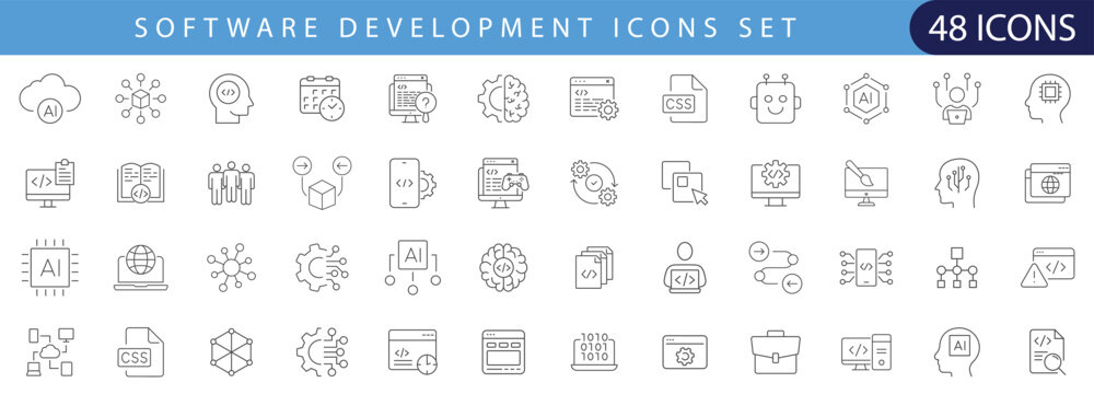Editable line icon set for software development, coding, programming, web and app technology. Perfect for UI, UX, websites, dashboards, presentations and mobile apps.