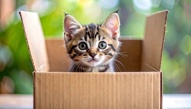 Adorable kitten peers from a cardboard box, eyes wide