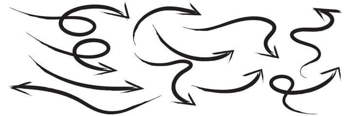 Fototapeta premium Hand Drawn Arrow Doodles Collection. Set of black hand drawn arrows in sketch style, showing directions, movement, flow and navigation concepts on white background.