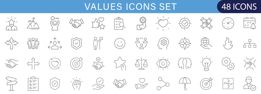 Outline values icons set representing ethics, trust, integrity, teamwork, leadership, motivation, vision, responsibility, and human values concepts.