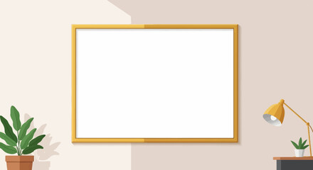 A blank canvas in a framed poster hangs on a wall with plants and a lamp