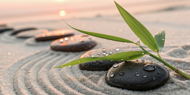 Zen basalt stones with green bamboo leaves and water drops on raked sand, Serene zen garden with smooth pebbles, bamboo, and dew drops at sunrise.