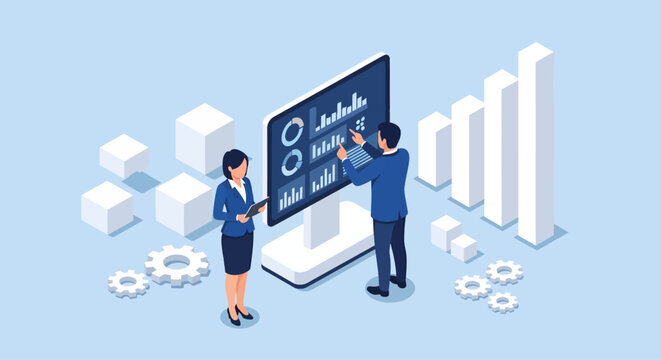 Two professionals analyze metrics on a large digital dashboard in an isometric blue scene, surrounded by rising 3D bar charts and gears symbolizing strategic business growth