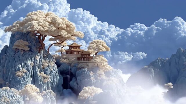 Fantasy temple on mountain peak with cloudy sky background
