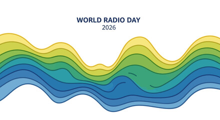 Illustration of radio waves with amplitude and frequency modulation on World Radio Day 2026, featuring a colorful wavy pattern against a clean white background.
