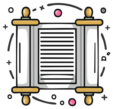 Cartoon Jewish Scroll with Hebrew Text and Decorative Elements Depicting Religious Artifact