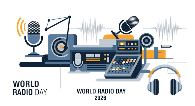 Illustration of a radio studio with equipment, celebrating World Radio Day 2026 with radio waves and headphones, symbolizing radio broadcast and modulation.