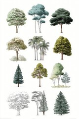 Fototapeta premium Hand-drawn illustration of diverse tree species on a white background