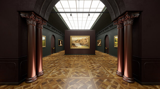 3d interior of old museum art gallery. Artworks in a bright, spacious gallery. 3d illustration.