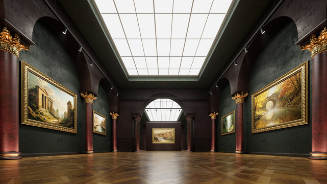 3d interior of old museum art gallery. Artworks in a bright, spacious gallery. 3d illustration.