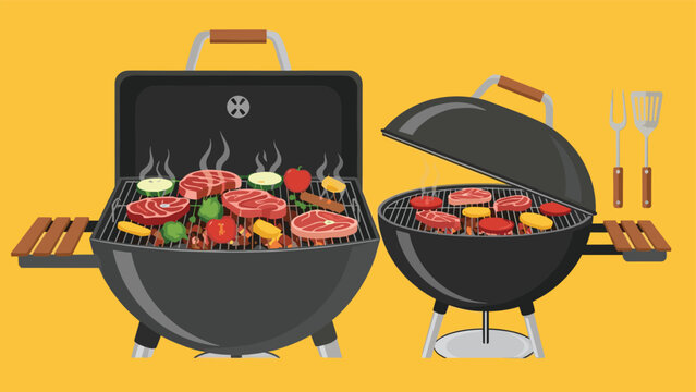 Two different styles of charcoal barbecue grills cooking various meats and fresh vegetables on a yellow background.