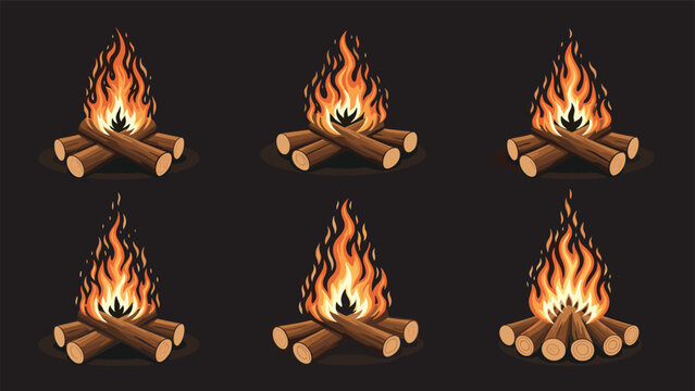 Set of six pixel art campfire icons showing different arrangements of wood logs and bright orange burning flames.