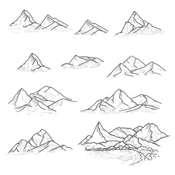 Mountains, black and white sketch. Vector illustration. Nari sovan rocks and stones hand drawn in simple style, isolated on white background