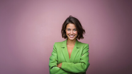 Fototapeta premium portrait of a confident businesswoman on pastel background, smiling professional woman with dark hair in suit, elegant young female with copy space