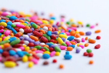 High-key close-up shot of multicolor sprinkles in a playful confetti-like arrangement