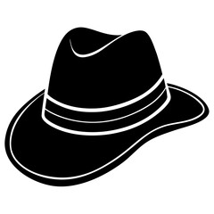 An illustration of a black fedora hat with a white outline viewed from above against a white background