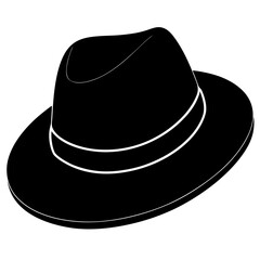 Black fedora hat illustration with white trim on a plain background